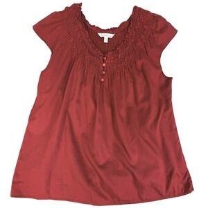 Red Smocked Neck Cap Sleeve Button Front Top XL Cotton‎ Bohemian Festival